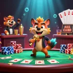 Thabet hyenas animate a vibrant casino scene mixing drinks and telling jokes while showcasing poker elements.