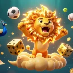 Experience thrilling gameplay on vipwin with a majestic lion, golden dice, and dynamic sports elements.