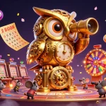Engage with thrilling gaming at O8, showcasing golden owl and lively lottery elements in vibrant casino atmosphere.