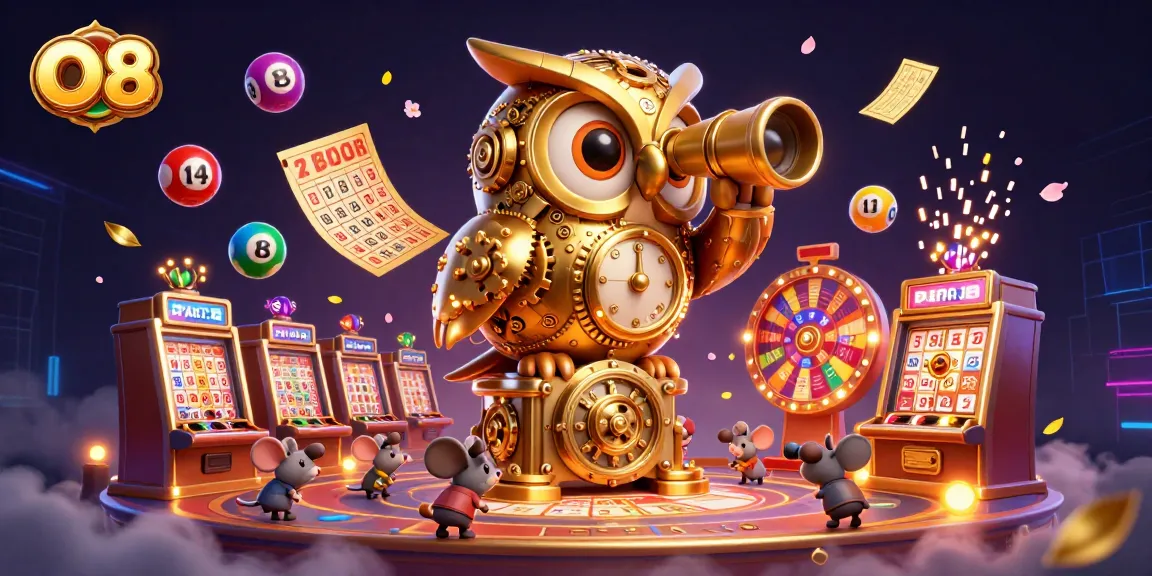 Engage with thrilling gaming at O8, showcasing golden owl and lively lottery elements in vibrant casino atmosphere.