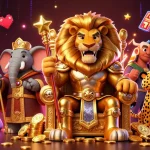 Engage with BK8 as the fierce lion king sits on a throne of coins, surrounded by glowing game elements.