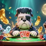 Experience the thrilling vin88 action with a Frankenstein bulldog dealer amidst ghostly and celestial elements.