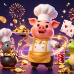 ZBET inspires thrilling casino games, featuring a chef pig presenting gold coins with vibrant gaming elements.