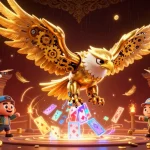 F168 game action featuring a cybernetic eagle soaring through holographic cards amidst casino elements.