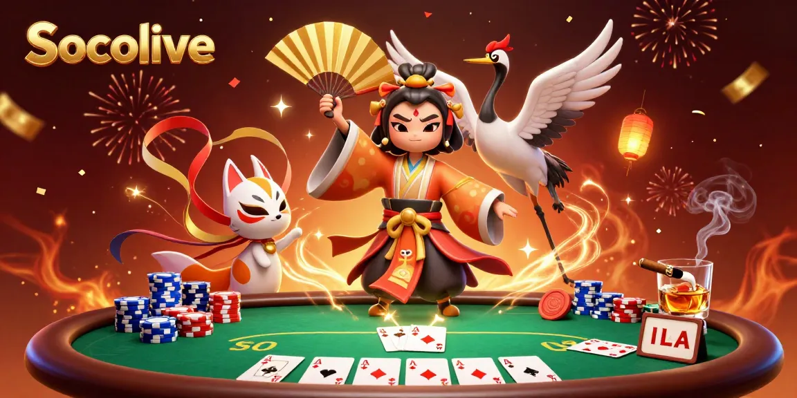 Socolive captures the essence of online gambling with vibrant characters surrounded by poker elements and festive celebrations.