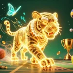 MAY88 sports betting scene with a golden tiger and dynamic sports elements showcasing thrilling casino atmosphere