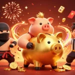 Engage in exciting gameplay with okwin's vibrant 3D casino illustration featuring dynamic characters and festive elements.