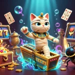 Experience thrilling slots action with ONE88's playful mummy cat in a vibrant pyramid casino.