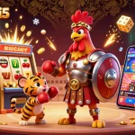 Catch the excitement at keonhacai5 with a dynamic 3D scene featuring a gladiator rooster, slot machine jackpots, and gaming elements.