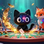 Experience thrilling bets and play with 11WIN's vibrant casino illustration featuring cosmic cats and slot reels.