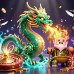 Experience thrilling action at KUBET COM with a jade dragon and lucky symbols amid cascading casino treasures.