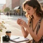 Stylish woman admiring wedding rings for women at outdoor café, vibrant urban setting.