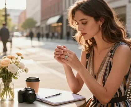 Stylish woman admiring wedding rings for women at outdoor café, vibrant urban setting.