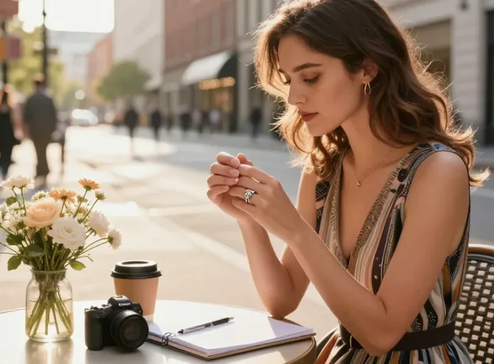 Stylish woman admiring wedding rings for women at outdoor café, vibrant urban setting.