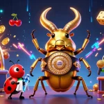 Experience the excitement of 11WIN with a dynamic casino scene featuring a boxing beetle and jackpot symbols.