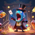 Experience thrilling gameplay at nk88 with a bioluminescent eel showcasing magic tricks amidst vibrant casino elements.