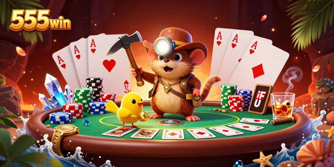 Engage in thrilling casino adventures with 555win’s vibrant gaming scene featuring poker elements and treasure hunting.