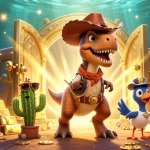 Engage with 9win's vibrant slots scene featuring a T-Rex cowboy alongside treasures and game symbols.