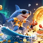 Engage with the thrill of gambling at Nhà Cái OPEN88, featuring animated casino characters and treasure.