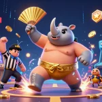 Experience thrilling gameplay with QQ 88 as a cartoon rhinoceros beetle champion sends coins flying in an immersive gaming atmosphere.