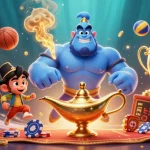 Engage in the exciting world of ONE88 casino gaming with vibrant visuals of a genie, monkey, and poker chips.