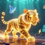 Join the vibrant F168 casino experience with a golden tiger among exciting slot games and crypto elements.