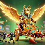 Experience thrilling gameplay with LUCK8 featuring a golden scarab beetle and vibrant slot machines.