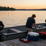 Outboard motor for small boat being inspected on a peaceful lake at sunset.