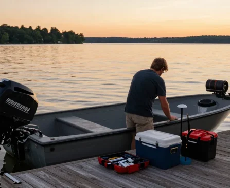 Outboard motor for small boat being inspected on a peaceful lake at sunset.