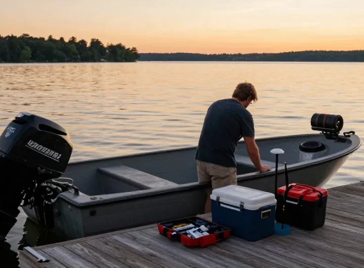 Outboard motor for small boat being inspected on a peaceful lake at sunset.