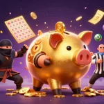 Engage with KK55 in an exciting casino scene featuring a golden piggy bank sumo wrestler and vibrant game elements.