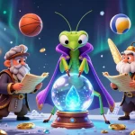 Engage with sv66 thrilling sports betting, featuring a cartoon mantis and moth in a dynamic, mystical casino setting.