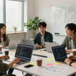开发团队在现代办公室共同工作，展示WPS软件界面，激发创造力。