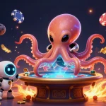 Experience the thrill of UY88 with an alien octopus and robot at a holographic poker table.