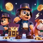 Join the adventure at vipwin with a detective uncovering poker chip treasures among vibrant crypto elements.