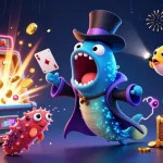 Experience thrilling card tricks with the bioluminescent tx88 characters at a dazzling casino scene.