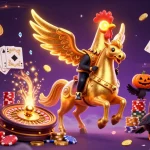 Hit-Club's golden rooster horseman wins in a vibrant casino scene with dynamic coins and cards.