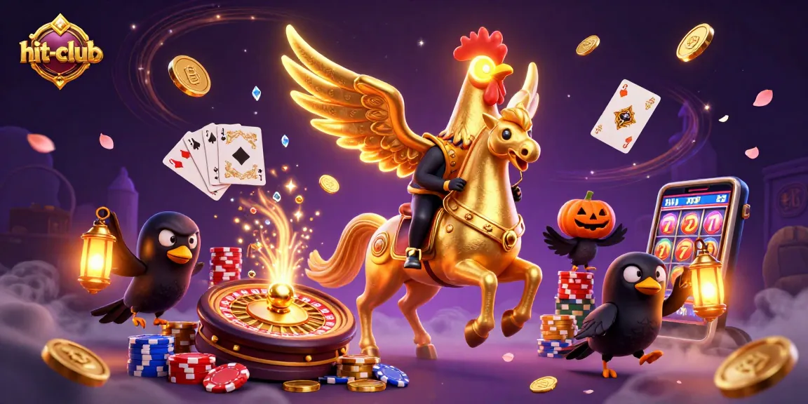 Hit-Club's golden rooster horseman wins in a vibrant casino scene with dynamic coins and cards.