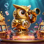 Experience the thrills of F168 with a clockwork owl overseeing a vibrant casino scene filled with treasure and excitement.