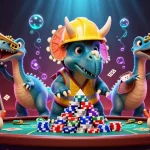 rr88 có uy tín showcases a dynamic casino scene with characters celebrating around poker chips and card tables.