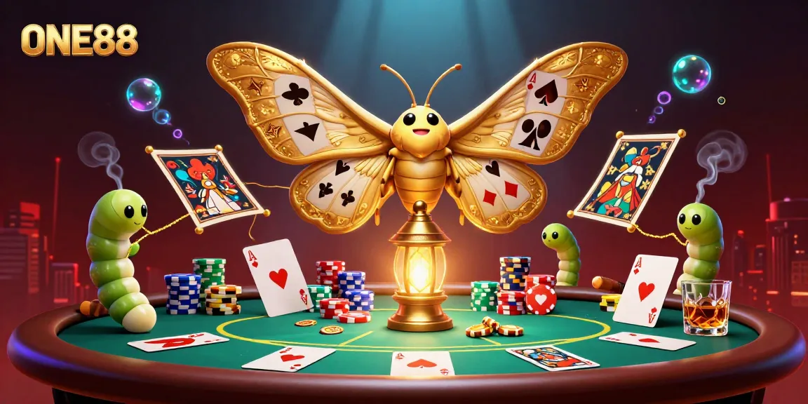 Engage with ONE88 as the vibrant casino scene unfolds with golden motifs and poker action.
