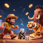 Experience thrilling slots at về alo8 with a dynamic prehistoric casino scene featuring engaging characters and elements.
