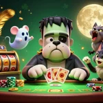 Experience thrilling gameplay at Go88 with a Frankenstein bulldog dealing cards amid a vibrant casino scene.