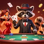 Engage with thrilling 13 cards gameplay showcasing a raccoon dealer and fox player in a vibrant casino atmosphere.