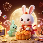 ZBET brings online gaming excitement to life with a vibrant 3D illustration of a moon rabbit surrounded by gambling treasures.