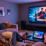 Enjoying the latest movie from movie4u in a cozy home theater with popcorn and soda.