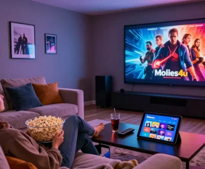 Enjoying the latest movie from movie4u in a cozy home theater with popcorn and soda.