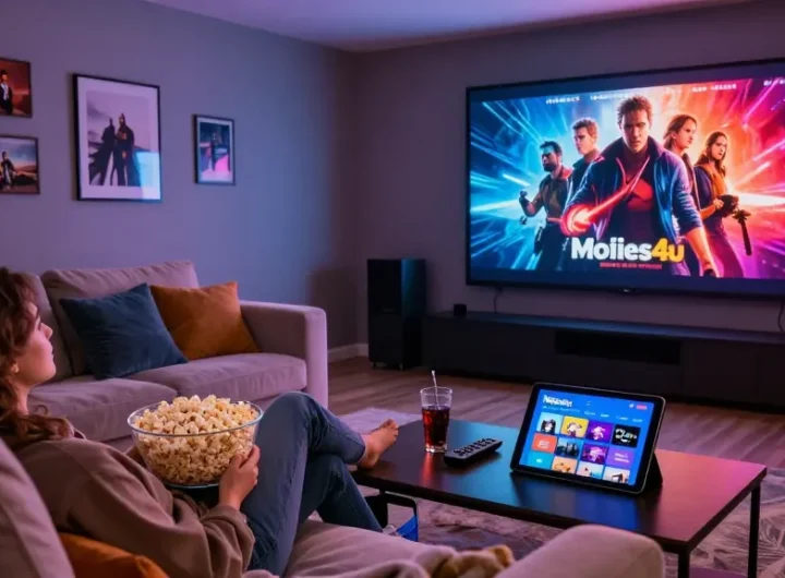 Enjoying the latest movie from movie4u in a cozy home theater with popcorn and soda.