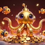 sonclub players enjoying a dynamic slot experience with a cartoon golden kraken and mechanical fish in a vibrant casino setting