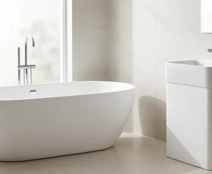 KKR solid surface bathtub and basin in a modern bathroom with seamless design.
